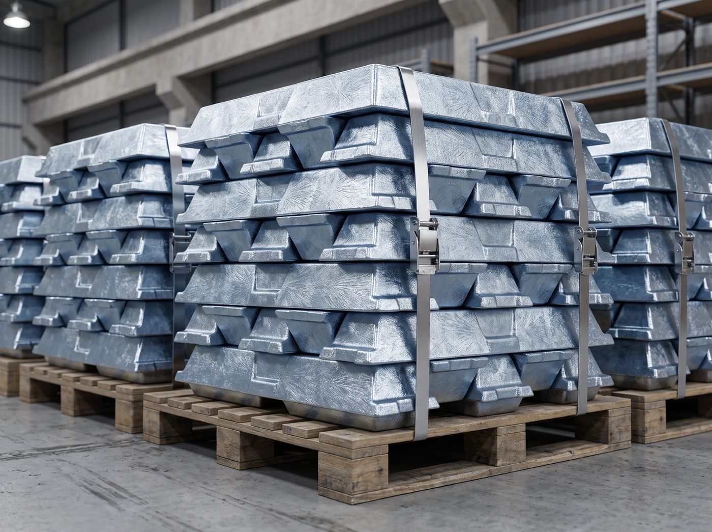 Lingots d'antimoine cerclés sur palettes dans un entrepôt